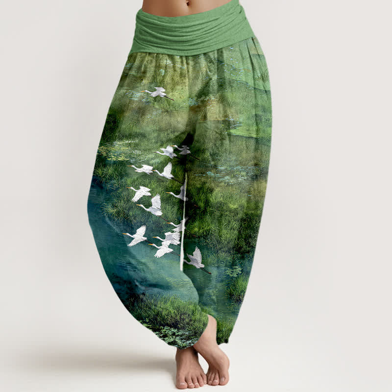 Buddha Stones Pantaloni harem da donna con elastico in vita, fantasia Cotton Forest Lake Flying Bird. - Verde lime - US16, UK/AU20, EU48 (3XL) - image 0