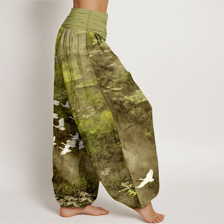 Buddha Stones Pantaloni harem da donna con elastico in vita, fantasia Cotton Forest Lake Flying Bird. - image 6
