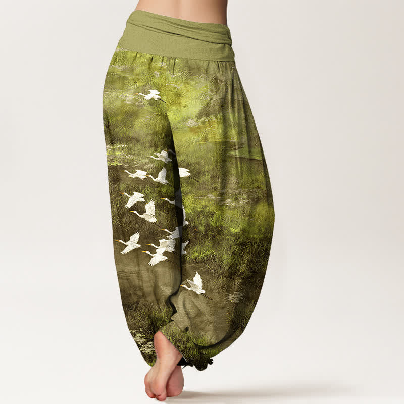 Buddha Stones Pantaloni harem da donna con elastico in vita, fantasia Cotton Forest Lake Flying Bird. - image 7