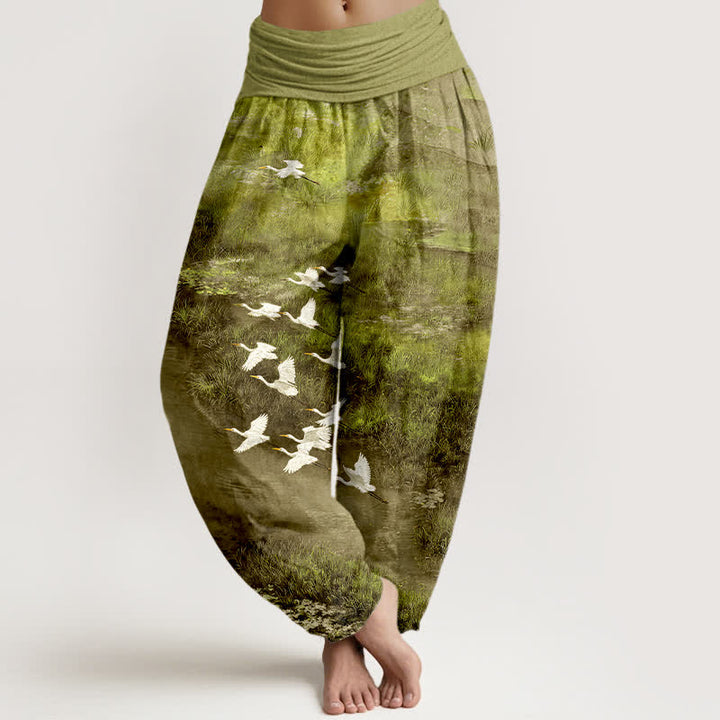Buddha Stones Pantaloni harem da donna con elastico in vita, fantasia Cotton Forest Lake Flying Bird. - GialloVerde - US16, UK/AU20, EU48 (3XL) - image 5