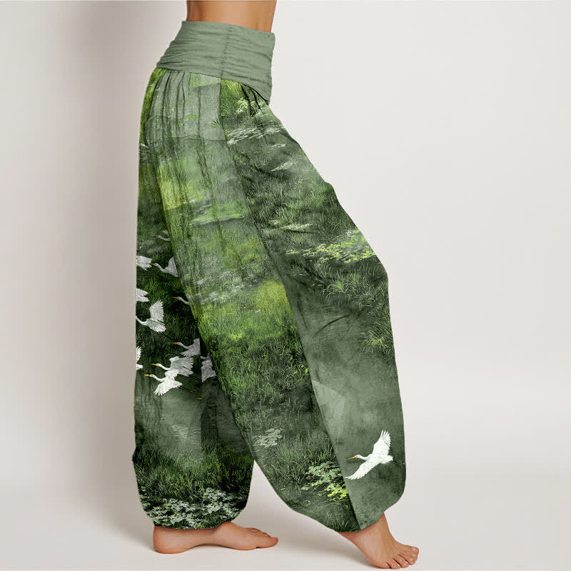 Buddha Stones Pantaloni harem da donna con elastico in vita, fantasia Cotton Forest Lake Flying Bird. - image 9