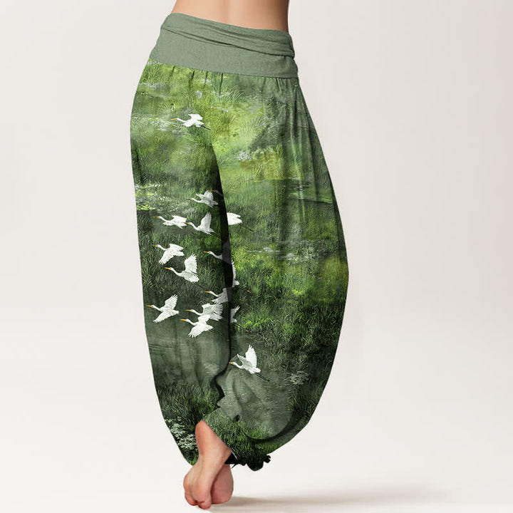 Buddha Stones Pantaloni harem da donna con elastico in vita, fantasia Cotton Forest Lake Flying Bird. - image 10
