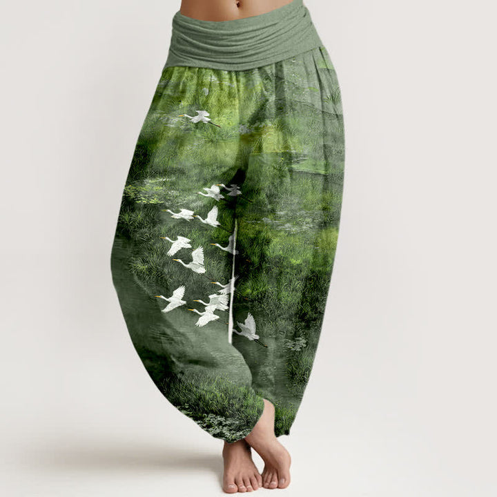 Buddha Stones Pantaloni harem da donna con elastico in vita, fantasia Cotton Forest Lake Flying Bird. - Verde Mare Scuro - US16, UK/AU20, EU48 (3XL) - image 8