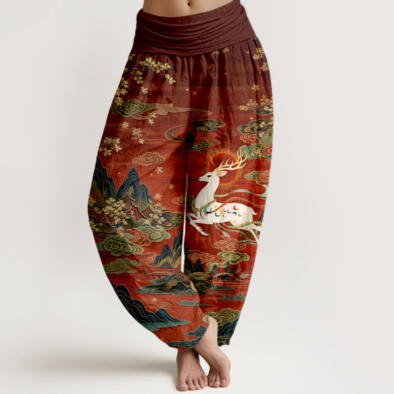 Buddha Stones Pantaloni harem da donna in cotone bianco con motivo cervi e montagne, con elastico in vita. - Marrone - US16, UK/AU20, EU48 (3XL) - image 0