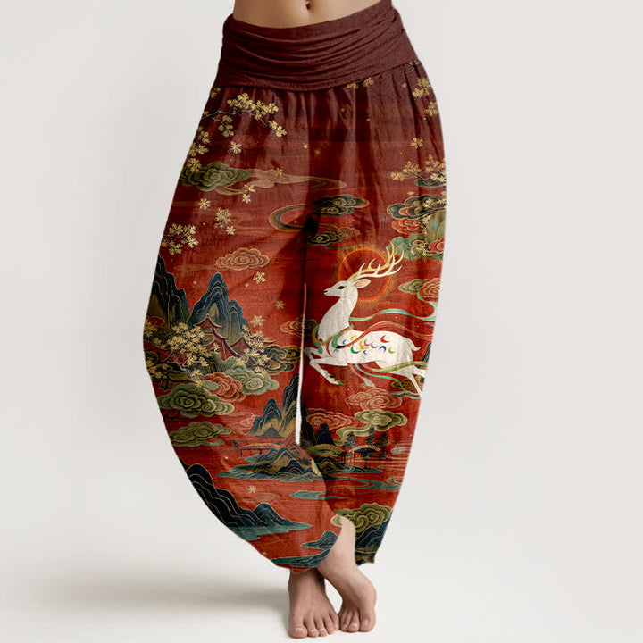 Buddha Stones Pantaloni harem da donna in cotone bianco con motivo cervi e montagne, con elastico in vita. - Marrone - US16, UK/AU20, EU48 (3XL) - image 0