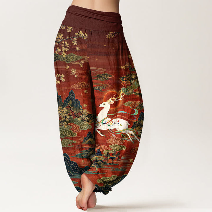 Buddha Stones Pantaloni harem da donna in cotone bianco con motivo cervi e montagne, con elastico in vita. - image 2