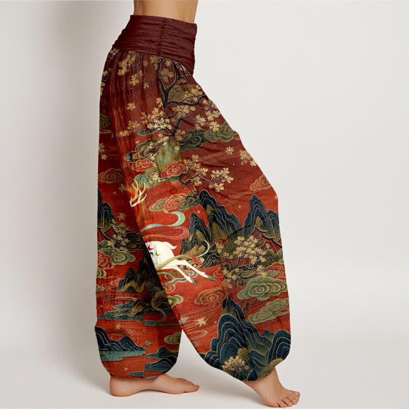 Buddha Stones Pantaloni harem da donna in cotone bianco con motivo cervi e montagne, con elastico in vita. - image 1