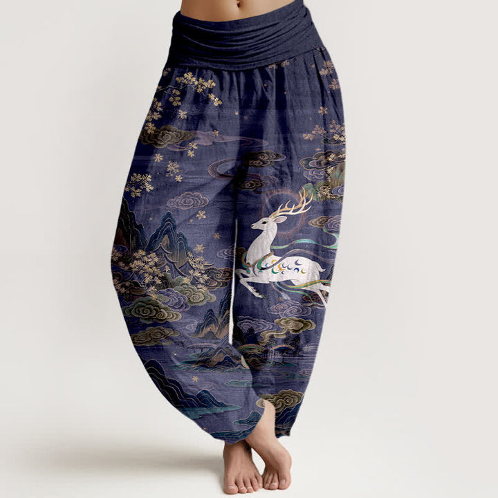Buddha Stones Pantaloni harem da donna in cotone bianco con motivo cervi e montagne, con elastico in vita. - Marina - US16, UK/AU20, EU48 (3XL) - image 5
