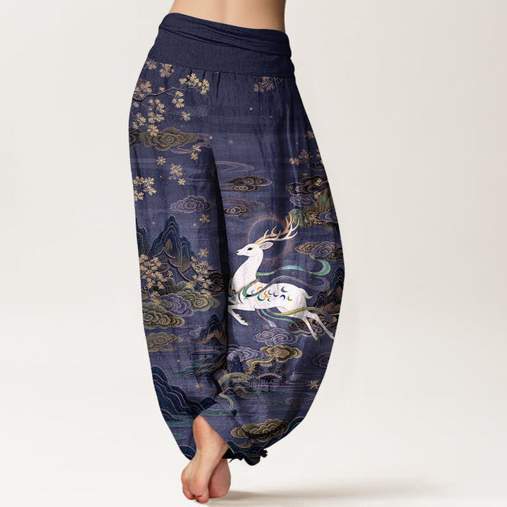 Buddha Stones Pantaloni harem da donna in cotone bianco con motivo cervi e montagne, con elastico in vita. - image 7
