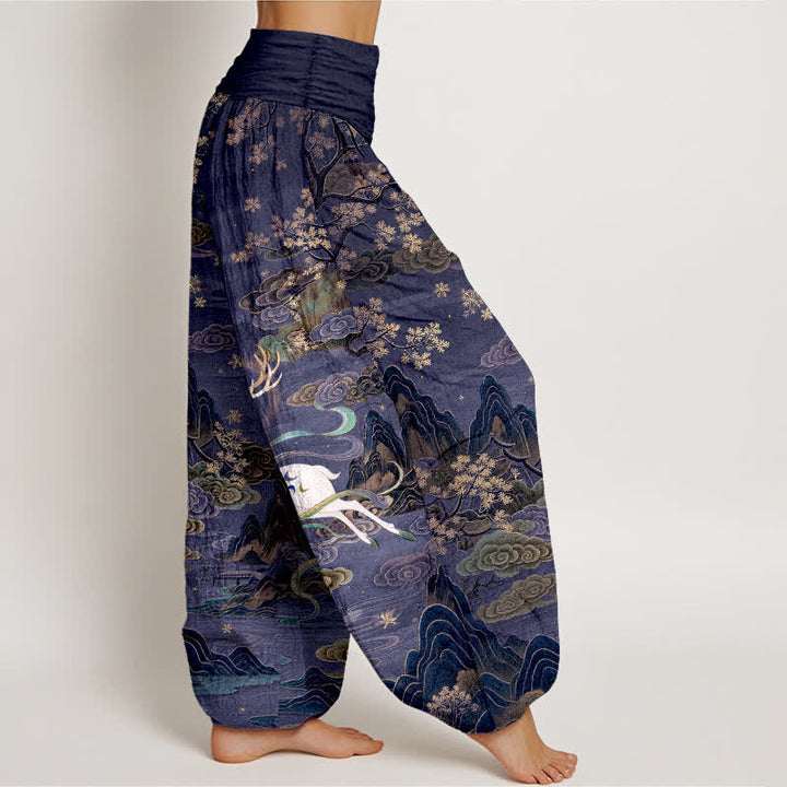Buddha Stones Pantaloni harem da donna in cotone bianco con motivo cervi e montagne, con elastico in vita. - image 6
