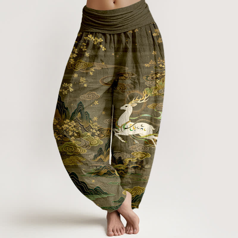 Buddha Stones Pantaloni harem da donna in cotone bianco con motivo cervi e montagne, con elastico in vita. - Oliva - US16, UK/AU20, EU48 (3XL) - image 8