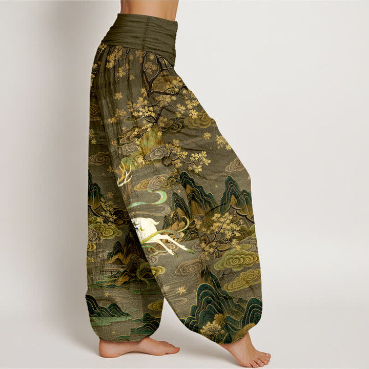 Buddha Stones Pantaloni harem da donna in cotone bianco con motivo cervi e montagne, con elastico in vita. - image 9