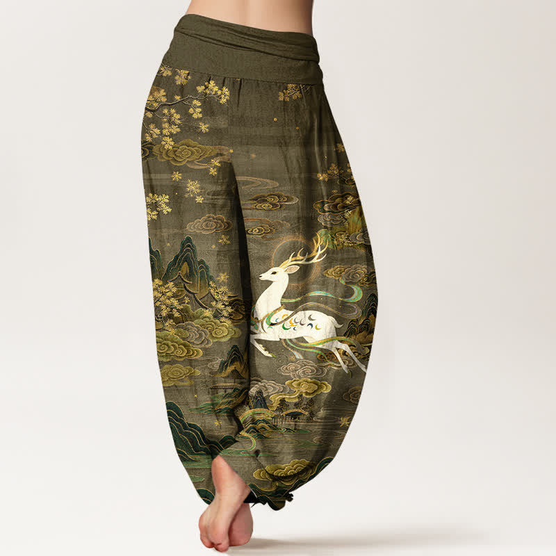Buddha Stones Pantaloni harem da donna in cotone bianco con motivo cervi e montagne, con elastico in vita. - image 10