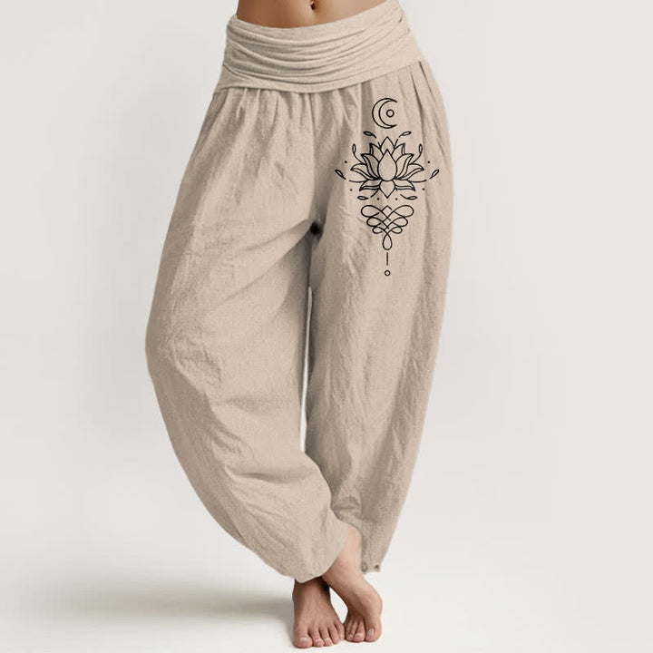 Buddha Stones Pantaloni harem da donna in puro cotone bianco con motivo a loto e vita elasticizzata. - Tan - US16, UK/AU20, EU48 (3XL) - image 11