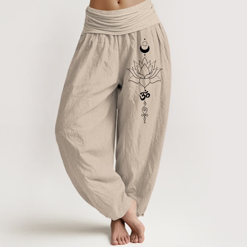 Buddha Stones Pantaloni harem da donna in puro cotone con motivo loto, luna e Om, con elastico in vita. - Tan - US16, UK/AU20, EU48 (3XL) - image 0