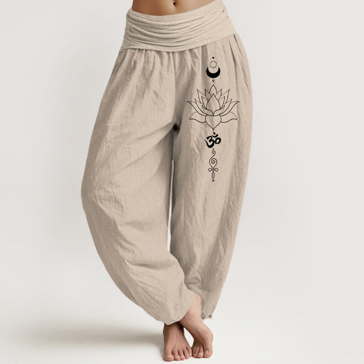 Buddha Stones Pantaloni harem da donna in puro cotone con motivo loto, luna e Om, con elastico in vita. - Tan - US16, UK/AU20, EU48 (3XL) - image 0