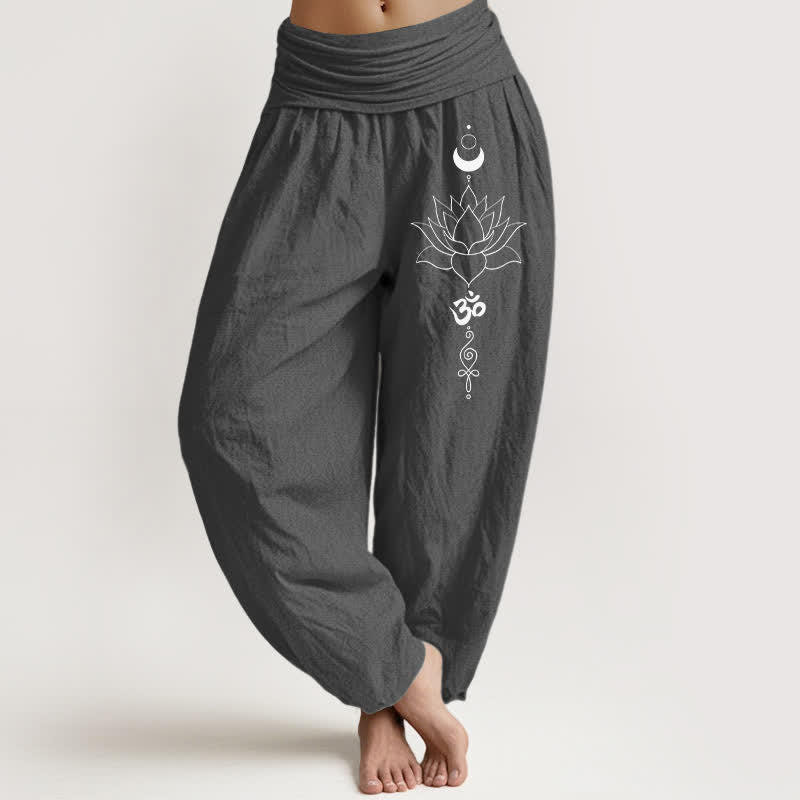 Buddha Stones Pantaloni harem da donna in puro cotone con motivo loto, luna e Om, con elastico in vita. - Grigio tenue - US16, UK/AU20, EU48 (3XL) - image 11