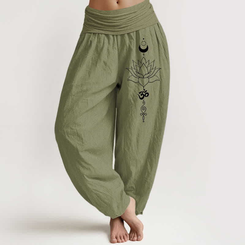 Buddha Stones Pantaloni harem da donna in puro cotone con motivo loto, luna e Om, con elastico in vita. - Verde oliva - US16, UK/AU20, EU48 (3XL) - image 14