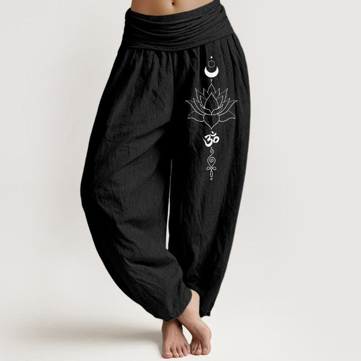 Buddha Stones Pantaloni harem da donna in puro cotone con motivo loto, luna e Om, con elastico in vita. - Nero - US16, UK/AU20, EU48 (3XL) - image 5