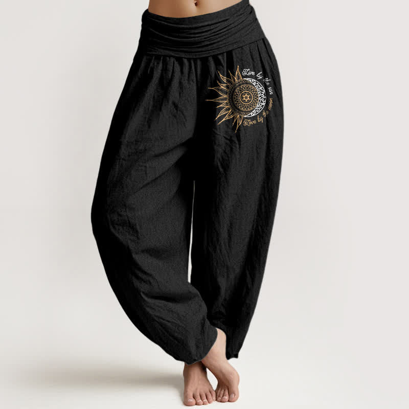 Buddha Stones Pantaloni harem da donna in puro cotone con motivo mandala sole lunare e vita elasticizzata. - Nero - US16, UK/AU20, EU48 (3XL) - image 0