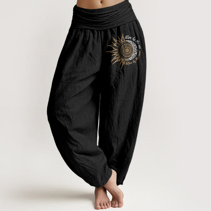 Buddha Stones Pantaloni harem da donna in puro cotone con motivo mandala sole lunare e vita elasticizzata. - Nero - US16, UK/AU20, EU48 (3XL) - image 0