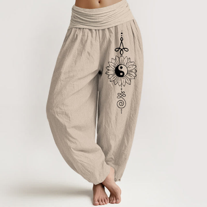 Buddha Stones Pantaloni harem da donna in puro cotone con motivo girasole Yin Yang e vita elasticizzata. - Tan - US16, UK/AU20, EU48 (3XL) - image 0