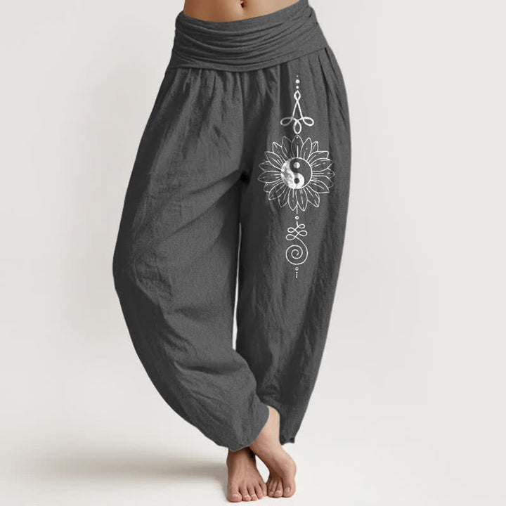 Buddha Stones Pantaloni harem da donna in puro cotone con motivo girasole Yin Yang e vita elasticizzata. - Grigio tenue - US16, UK/AU20, EU48 (3XL) - image 11