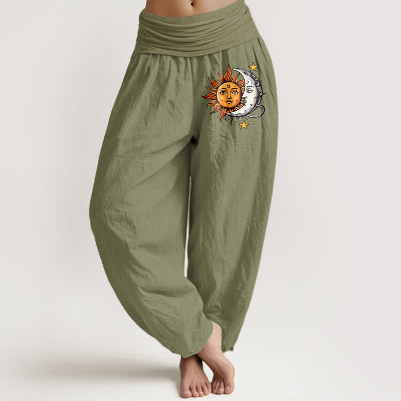 Buddha Stones Pantaloni harem da donna in puro cotone con motivo sole e luna e vita elasticizzata. - Verde oliva - US16, UK/AU20, EU48 (3XL) - image 14