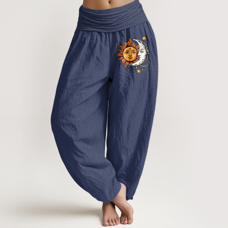 Buddha Stones Pantaloni harem da donna in puro cotone con motivo sole e luna e vita elasticizzata. - Blu ardesia scuro - US16, UK/AU20, EU48 (3XL) - image 5