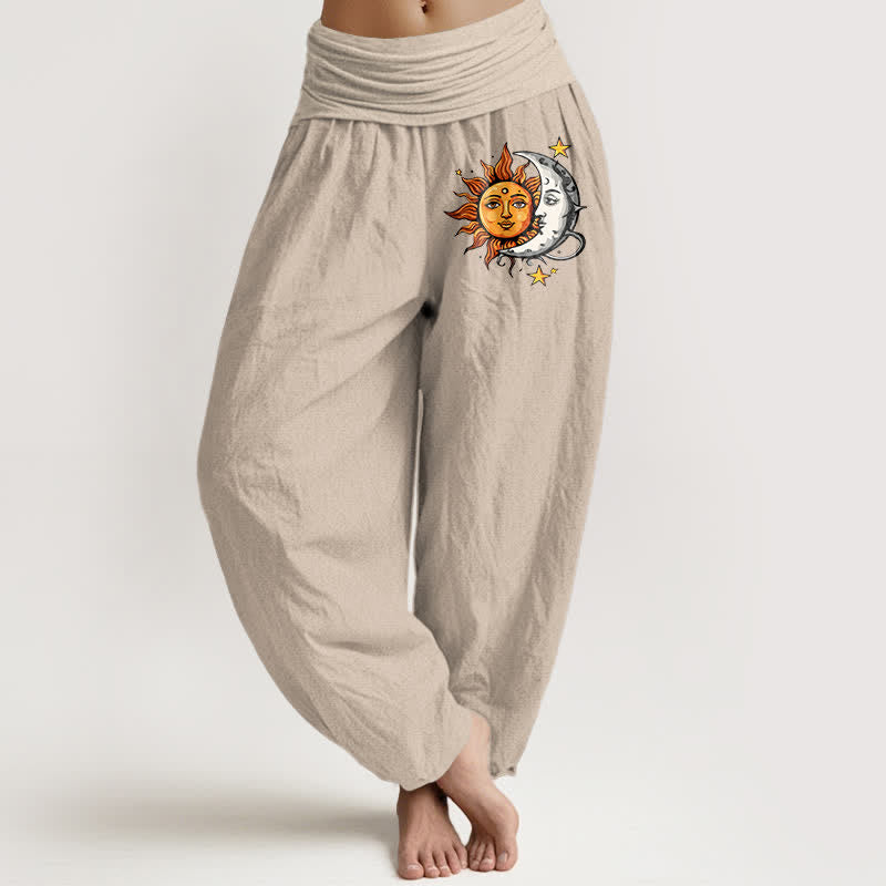 Buddha Stones Pantaloni harem da donna in puro cotone con motivo sole e luna e vita elasticizzata. - Tan - US16, UK/AU20, EU48 (3XL) - image 11