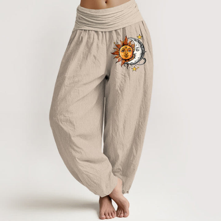 Buddha Stones Pantaloni harem da donna in puro cotone con motivo sole e luna e vita elasticizzata. - Tan - US16, UK/AU20, EU48 (3XL) - image 11