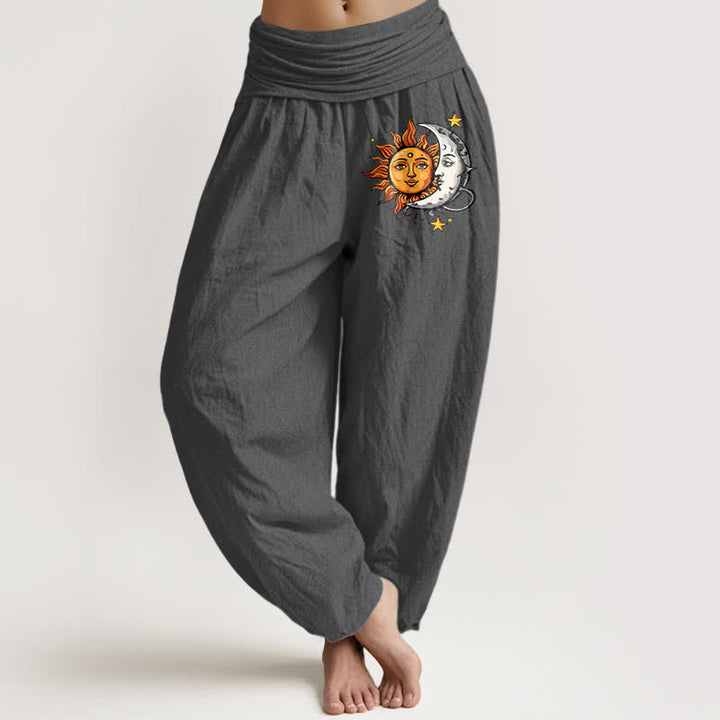 Buddha Stones Pantaloni harem da donna in puro cotone con motivo sole e luna e vita elasticizzata. - Grigio tenue - US16, UK/AU20, EU48 (3XL) - image 8