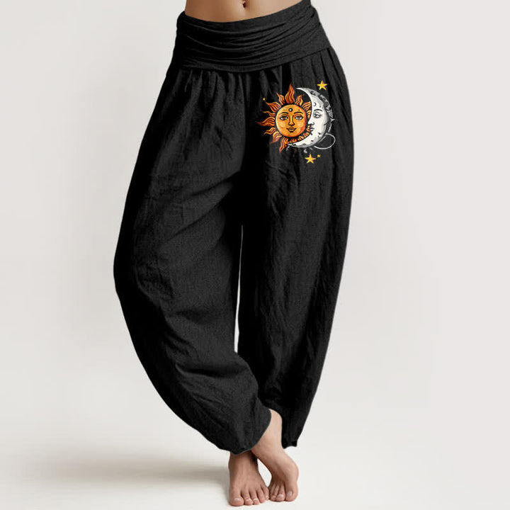 Buddha Stones Pantaloni harem da donna in puro cotone con motivo sole e luna e vita elasticizzata. - Nero - US16, UK/AU20, EU48 (3XL) - image 0