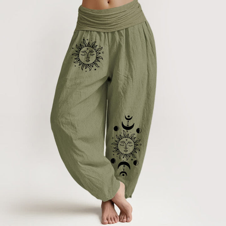 Buddha Stones Pantaloni harem da donna in puro cotone con fantasia sole e luna e vita elasticizzata. - Verde oliva - US16, UK/AU20, EU48 (3XL) - image 14