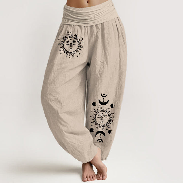 Buddha Stones Pantaloni harem da donna in puro cotone con fantasia sole e luna e vita elasticizzata. - Tan - US16, UK/AU20, EU48 (3XL) - image 11