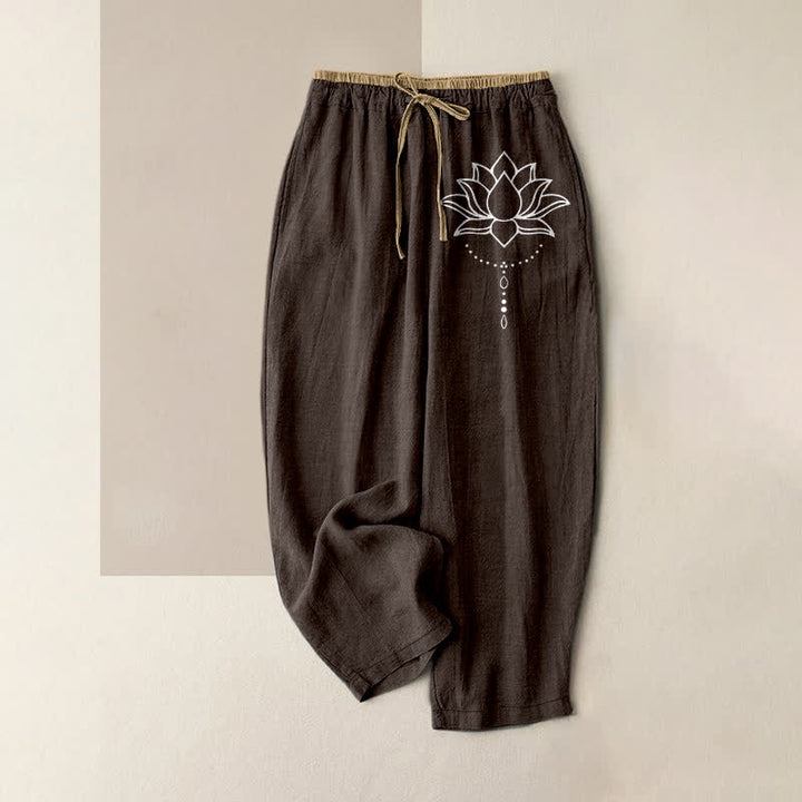 Buddha Stones Pantaloni da donna in puro cotone con elastico in vita e tasche, fantasia a loto. - Marrone sella - US16, UK/AU20, EU48 (3XL) - image 4