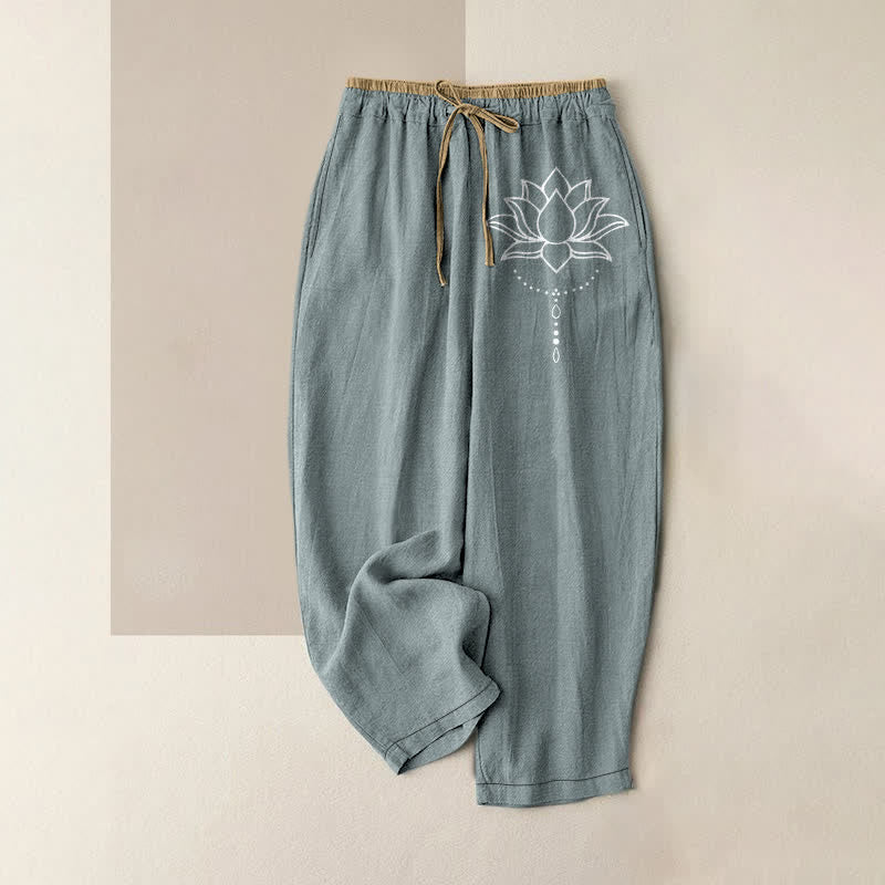 Buddha Stones Pantaloni da donna in puro cotone con elastico in vita e tasche, fantasia a loto. - Azzurro chiaro - US16, UK/AU20, EU48 (3XL) - image 5