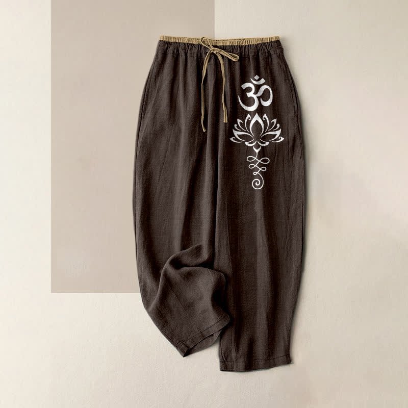Buddha Stones Pantaloni da donna in puro cotone con elastico in vita e tasche, motivo Zen Lotus Om. - Marrone sella - US16, UK/AU20, EU48 (3XL) - image 0