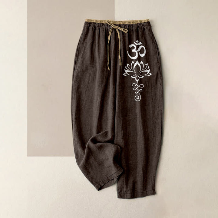 Buddha Stones Pantaloni da donna in puro cotone con elastico in vita e tasche, motivo Zen Lotus Om. - Marrone sella - US16, UK/AU20, EU48 (3XL) - image 0