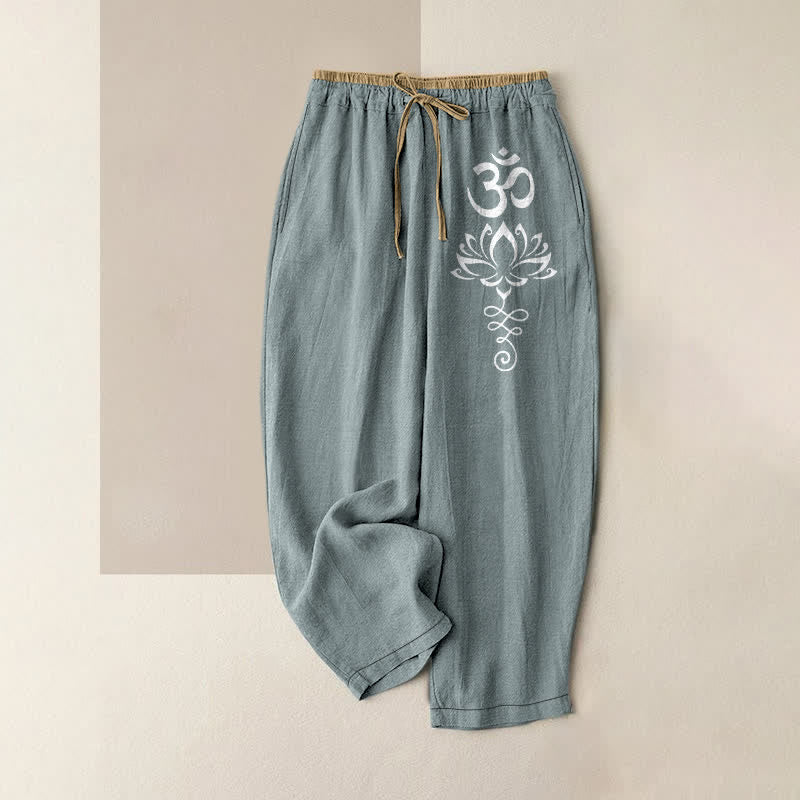 Buddha Stones Pantaloni da donna in puro cotone con elastico in vita e tasche, motivo Zen Lotus Om. - Azzurro chiaro - US16, UK/AU20, EU48 (3XL) - image 5