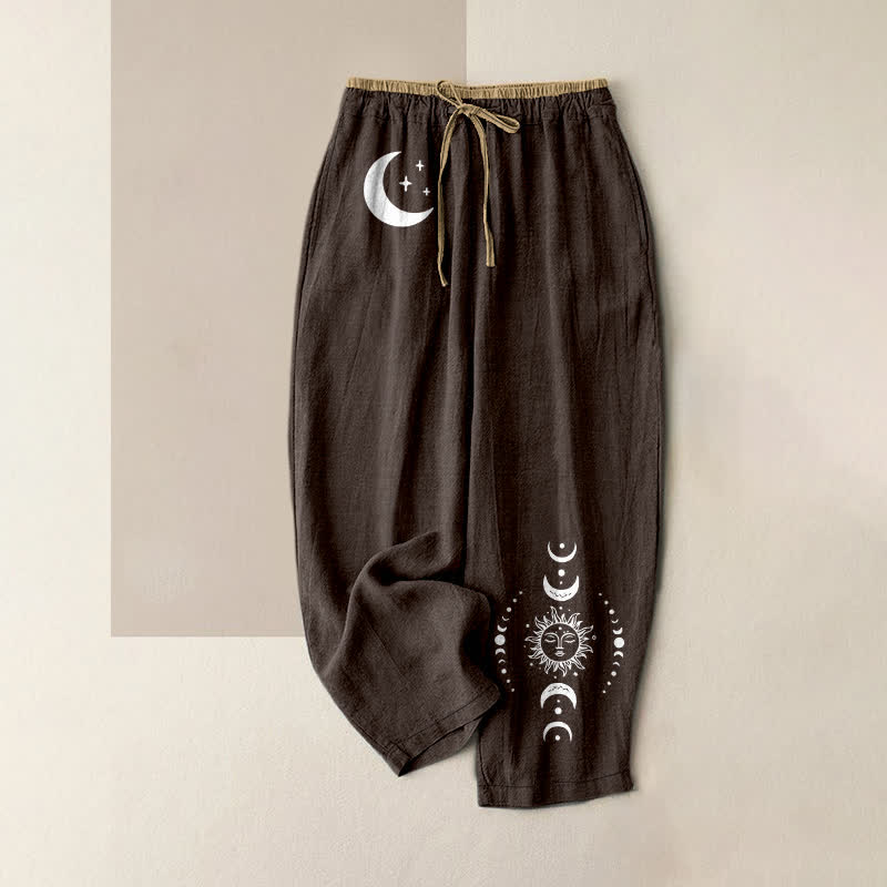 Buddha Stones Eleganti pantaloni da donna in puro cotone con elastico in vita e tasche, con motivo a fasi lunari. - Marrone sella - US16, UK/AU20, EU48 (3XL) - image 4