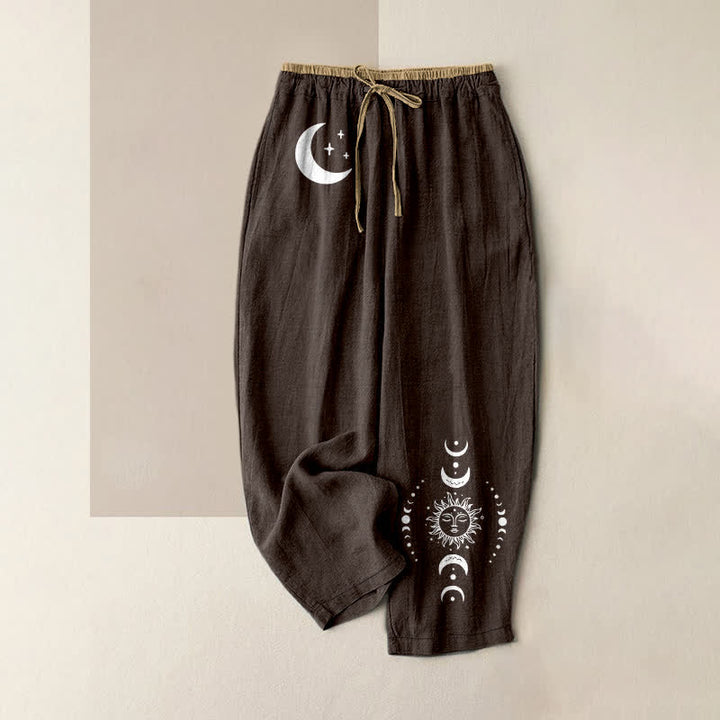 Buddha Stones Eleganti pantaloni da donna in puro cotone con elastico in vita e tasche, con motivo a fasi lunari. - Marrone sella - US16, UK/AU20, EU48 (3XL) - image 4