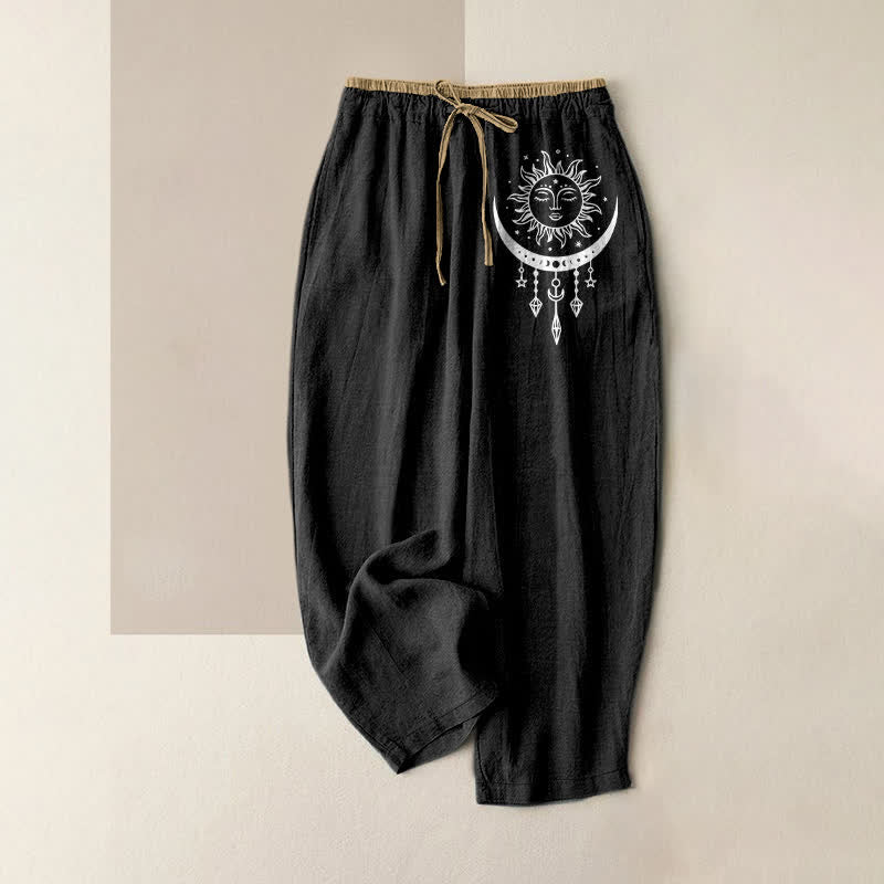 Buddha Stones Pantaloni da donna in puro cotone con elastico in vita e tasche, fantasia celeste sole e luna. - Nero - US16, UK/AU20, EU48 (3XL) - image 5
