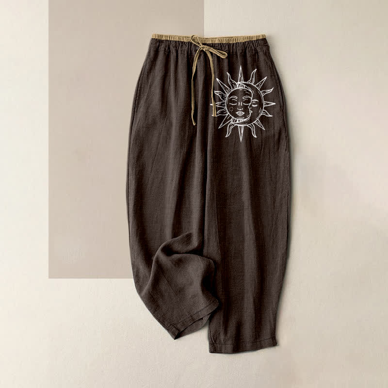 Buddha Stones Pantaloni da donna in puro cotone con elastico in vita e tasche, fantasia a sole celeste. - Marrone sella - US16, UK/AU20, EU48 (3XL) - image 4