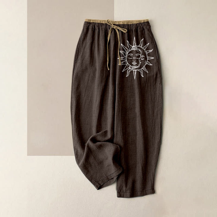 Buddha Stones Pantaloni da donna in puro cotone con elastico in vita e tasche, fantasia a sole celeste. - Marrone sella - US16, UK/AU20, EU48 (3XL) - image 4