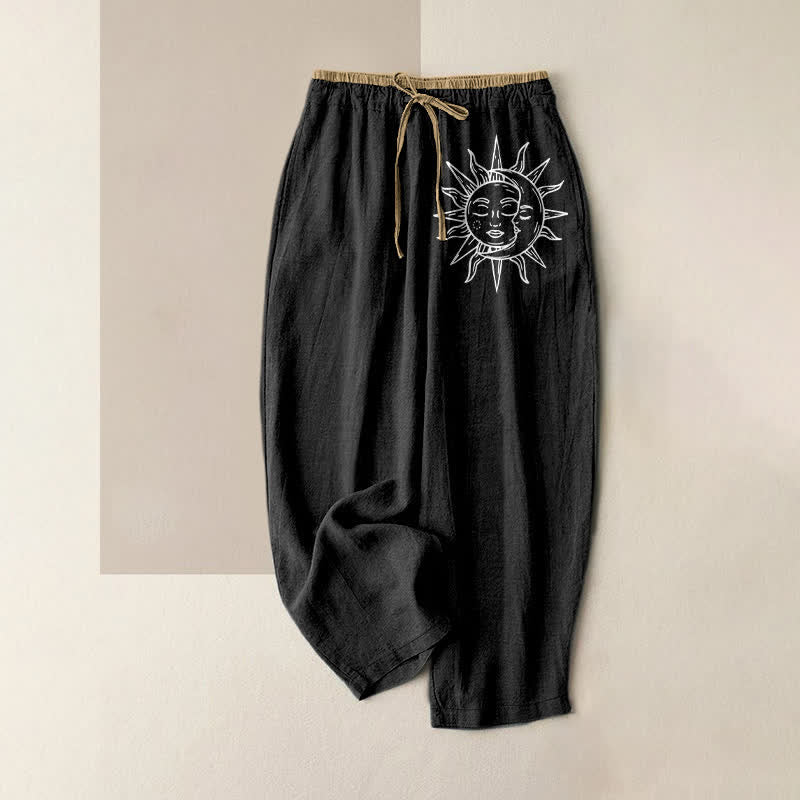 Buddha Stones Pantaloni da donna in puro cotone con elastico in vita e tasche, fantasia a sole celeste. - Nero - US16, UK/AU20, EU48 (3XL) - image 0