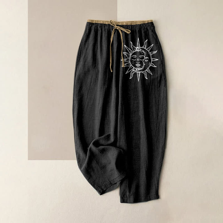 Buddha Stones Pantaloni da donna in puro cotone con elastico in vita e tasche, fantasia a sole celeste. - Nero - US16, UK/AU20, EU48 (3XL) - image 0