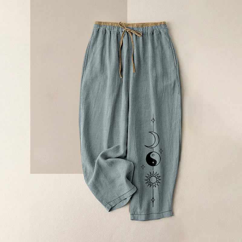 Buddha Stones Pantaloni da donna in puro cotone con elastico in vita e tasche, con motivo Yin Yang celeste. - Azzurro chiaro - US16, UK/AU20, EU48 (3XL) - image 5