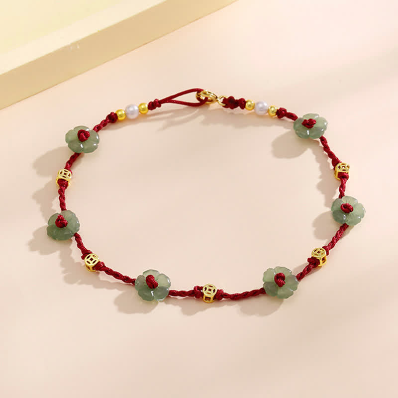 Buddha Stones Cavigliera con ciondolo floreale e cordino rosso intrecciato a mano. - image 3