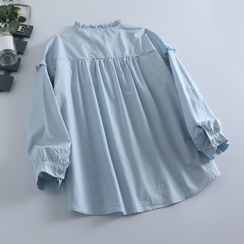 Buddha Stones Camicia da donna a maniche lunghe, tinta unita, con bottoni e pieghe, stile primaverile, casual vintage. - image 1